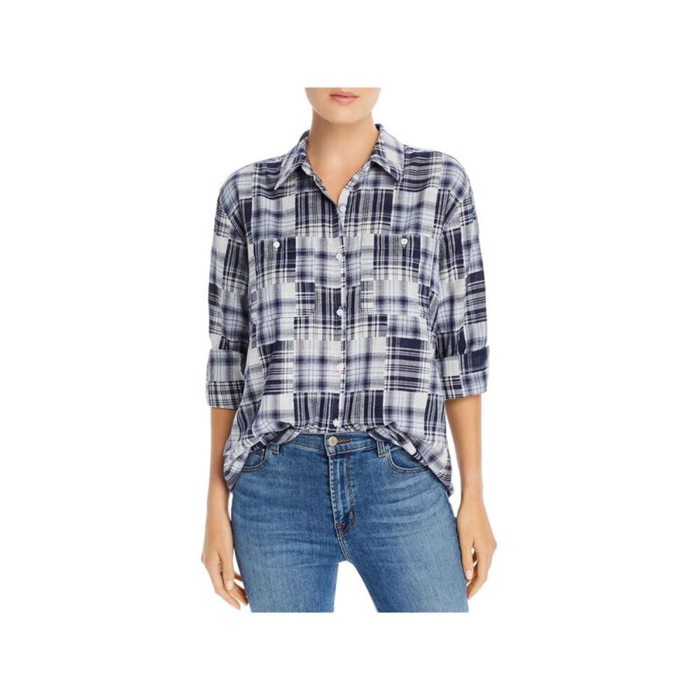 JOIE Womens Navy Plaid Long Sleeve Collared Button Up Top Size: XXS
